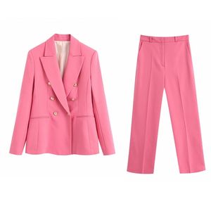Women Solid Casual Pants Suits 2 piece sets Summer Double Breasted Blazers and Straight Female OL Two-piece set Cloth 210513