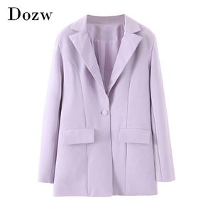 Femmes solide Chic costume Blazers à manches longues simple boutonnage violet veste col cranté poches décontracté Streetwear manteau 210515