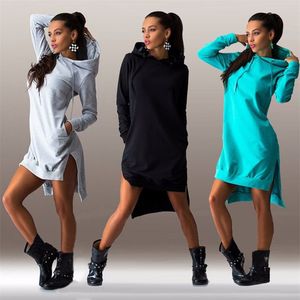 Vrouwen Solid Color Hooded Jurk Spring Hoodies Lange Mouw Casual Front Pocket College Style Sexy Girl Side Split Onregelmatige 210517