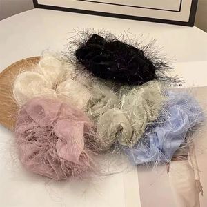 Vrouwen solide kleur scrunchies Koreaanse meisjes heldere zijden franje elastische haarband zwart blauw roze beige groene haaraccessoires