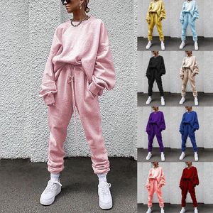 Femmes Solid Color Set Casual Tracksuit Sportswear Ensembles Femmes Soft Soft Long Sweats Sweatshirt Pantalon Set En automne Capuche Top