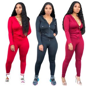 Vrouwen Solid Color Sets Mode Trend Lange Mouw Zipper Hooded Tops Pant Skinny Sports Suits Designer Vrouwelijke Lente Casual Slanke Trainingspakken