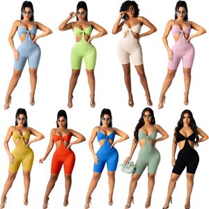 Femmes couleur unie shorts combinaisons grande taille 2XL barboteuses sexy sans manches body décontracté maigre salopette vêtements d'été noir slim leggings 4785