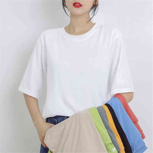 Femmes couleur unie t-shirt coton coréen mode vêtements grande taille demi manches étudiants mignons basés hauts femmes chemise livraison directe G220228