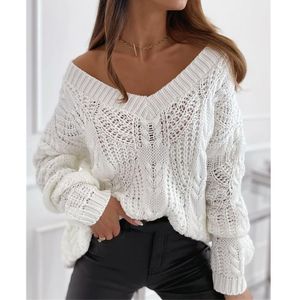 Femmes Solide Creux Out Pull tricoté côtelé Automne Hiver Col V Tops Casual Femme Manches longues Pull en vrac Pull 210416