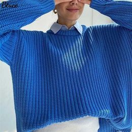 Suéter de gran tamaño grueso de punto sólido para mujer, suéteres holgados informales de manga larga con cuello redondo para mujer, Top Otoño Invierno 211011