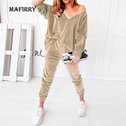 Vrouwen Solid Fluwelen V-hals Lange Mouw Eenvoudige Casual Pak Lente Herfst Losse Elastische Taille Dames Sets Trekkoord Loungewear 211105