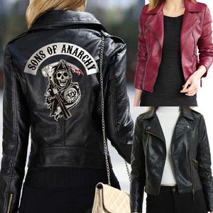 Mujeres Sons of Anarchy Chaquetas de cuero Invierno Slim Motocicleta Bomber Chaqueta Abrigos Impreso Cráneo Negro Vino Rojo 210929