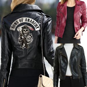 Femmes Sons of Anarchy Vestes En Cuir D'hiver Mince Moto Bomber Veste Manteaux Imprimé Crâne Noir Vin Rouge T190922