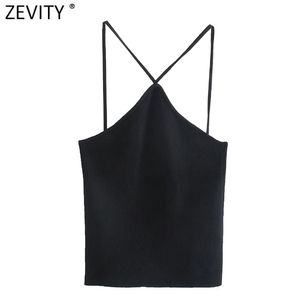 Femmes Spaghetti Strap Sexy Chic Noir Tricot Camis Réservoir Dames D'été Dos Nu Croix Halter Sling Crop Tops SW825 210416