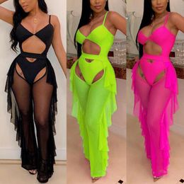 Vrouwen Spaghetti Strap Solid Bodysuit Playsuit + Gevorderde Mesh Pants Set Vrouwelijke Zomer Beach Casual Fashion Set Outfits