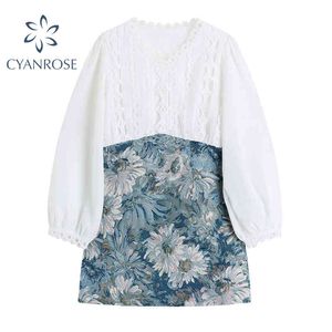 Femmes robe de chemise florale épissée coréen vintage élégant à manches longues robes de culture de bureau dames tempérament chic vestidos imprimé 210417