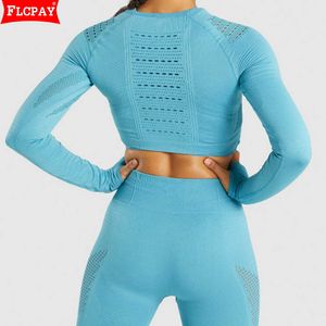 Femmes Sport Costume SeamlLeggings Cropped Top Shirts Gym Vêtements Workout Yoga 2Pcs Set Femme À Manches Longues FitnTracksuit X0629