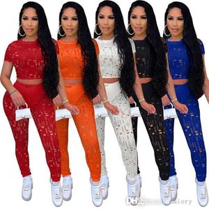 Vrouwen Tweede stuk broek Set Designer Hollow Out Outfits Solid Short Sleeve Tops Sweaters Ladies Plus Size Casual Jogger Suit