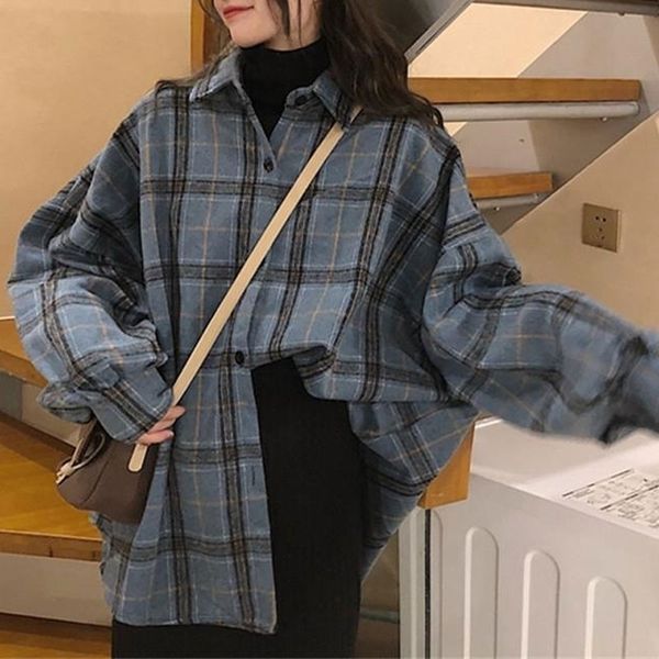 Femmes Printemps Automne Blouse à manches longues Plaid Flanelle Boyfriend Tunique Chemises Lâche Casual Street Lady Coréen Surdimensionné Top 210317