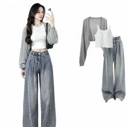 Femmes printemps automne court tricot cardigan gilet pantalon en denim 1 ou 3 pièces ensemble coréen dame fi pull manteaux fronde jeans tenues 96KR #