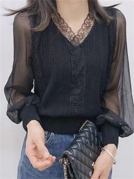 Femmes printemps automne Style Blouses hauts dame décontracté à manches longues col en v dentelle haut blouse DF4452 240102