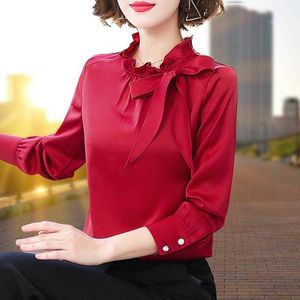 Femmes Spring Automne Style Mariffon Blouses Shirt Lady Casual Long Sleve O-Col Bow Solid Women's Women Tops DF3560 210609