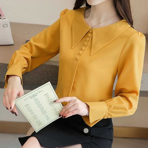 Femmes printemps automne Style en mousseline de soie Blouses chemises dame décontracté à manches longues col rabattu jaune blanc Blusas haut DF3149 210609