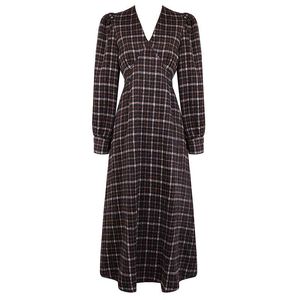 Dames Lente Zwart Wit Vintage Plaid Diepe V-hals Empire Midi Dress Elegante Bladerdeeg Lange Mouw D2297 210514