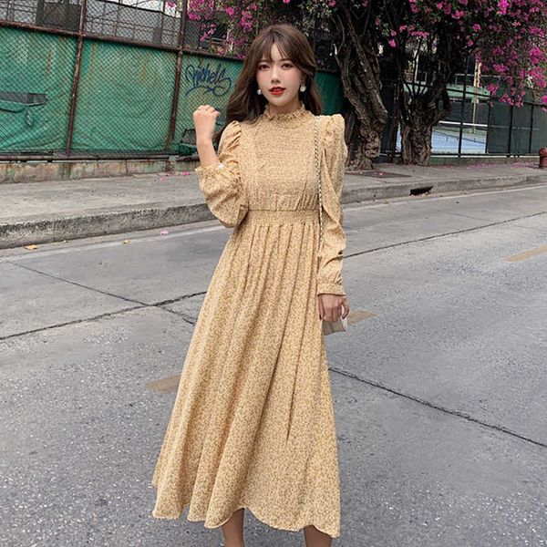 Femmes printemps Robe en mousseline de soie à manches longues été Streetwear imprimer plage a-ligne fête mode coréenne jaune Robe Longue Femme 210625