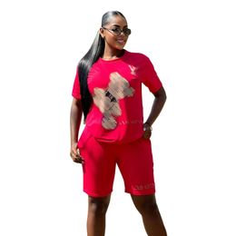 T-shirt rouge décontracté pour femmes Spring T-shirt Coton Summer Cotton Pantalons Jogging Jogging Two-Piece Set Free Ship Free