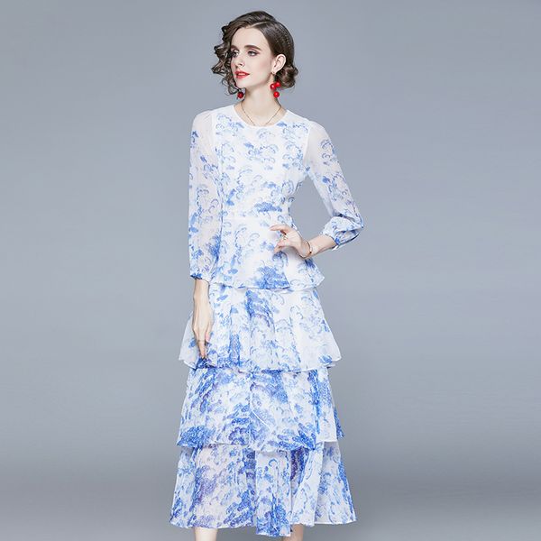 Mujeres primavera diseñador elegante azul gasa vestido impreso femenino casual fiesta bata capas volantes pastel maxi vestidos vestidos 210525