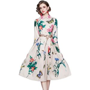 Dames lente ontwerper elegante vlinder floral print jurk vrouwelijke casual kantoor party robe vintage shirt geplooid jurk vestidos 210525