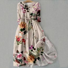 Femme Robe de printemps Imprimé floral Mid Manchée Revers en V Couce Laceup haute taille Aline Half-Breasted Bohemian plissée Midi Dre 240416