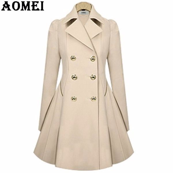 Mujer primavera elegante abrigo largo de viento con doble botón azul marino Color sólido mangas largas Tops Office Lady Winter Trench Outwearmm01