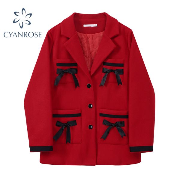 Mujeres primavera elegante redblue blazer chaqueta de lana bolsillos arco diseño v cuello abrigo femenino suelto coreano retro ulzzang y2k outwear 210417