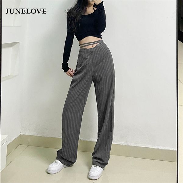 Femmes Printemps Long Pantalon Rayé Vintage Femelle Taille Haute Casual Large Jambe Creux Out Pantalon Streetwear Bandage Bottoms 210925