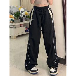 Mujeres Primavera Retro Sólido Suelto Pantalones con cordón Casual Joggers Baggy Pierna ancha Pantalones de chándal Mediados de cintura Deportiva Y2k Ropa femenina 231229