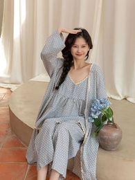 Vrouwen lente zomer 3 pc's pyjams jurk set vrouwelijke zoete geometrische gedrukte mantel top broek huis kleding casual losse nachtdress 240321
