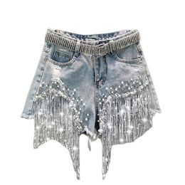 Femmes printemps été élégant Shorts dame gland perles taille haute jambe large Denim Shorts femme décontracté solide Shorts 220701