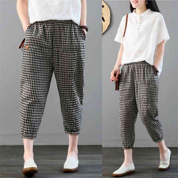 Mujeres Primavera Verano Moda Japón Estilo Cintura Elástica Algodón Lino Plaided Tobillo Longitud Harem Pantalones Office Lady Pantalones Casuales 210915