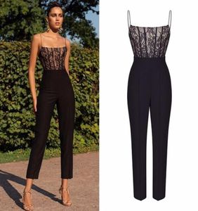 Vrouwen Spring Summer Sexy Lace Jumpsuits Korte mouw Deep V Neck Rompers Mesh Back Long Pants Playsuits Hollow Out Tops Black boven 8136231