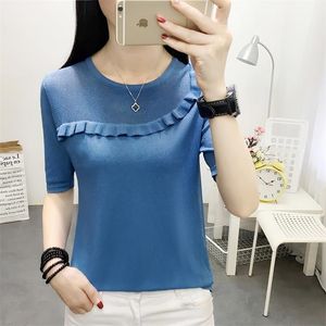 Vrouwen Lente Zomer Stijl Blouses Shirts Lady Casual Korte Mouw Patchwork O-hals Blusas Tops Shirts 210226