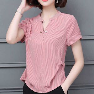 Femmes Spring Summer Style Blouses en mousseline de soie Chemises Lady Casual manches courtes rayé Blusas Tops Bleu Rose Noir DF2667 210609