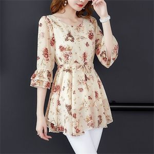 Vrouwen Spring Summer Style Chiffon Blouses Shirt Lady Casual Short Sleeve O-Neck Solid Print Dames Casual Loose Tops DF3512 201202