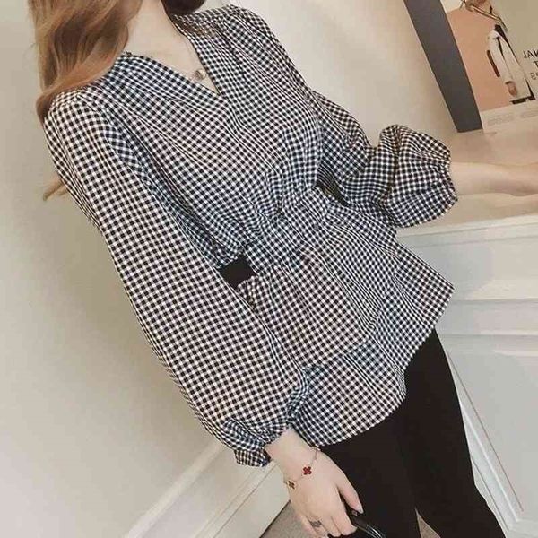 Femmes printemps été Style en mousseline de soie Blouses chemises dame décontracté à manches longues lanterne col en v à carreaux imprimé Blusas hauts DF3716 210410