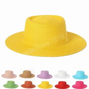 Vrouwen lente zomer gele strohoed brim fedora sun strand hoed plat bovenste rand hoed buiten hoed buiten