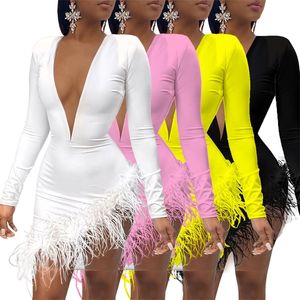 Femmes Printemps Hiver Mini Robe O-cou Maille Plume Patchwork Sexy Night Club Party Bandage Rue Moulante Robes GL3198 201008