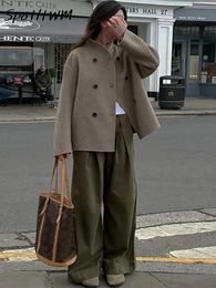 Femmes col montant laine Trench manteau élégant Vintage lâche hiver laine veste mode Double boutonnage chaud rue coupe-vent 240123