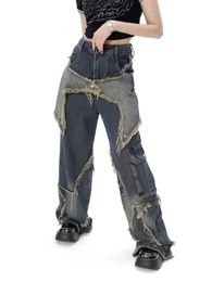 Pantalon à pompon avec couture d'étoile pour femmes, jean rétro américain de rue, ample, jambes larges, tendance punk y2k, 240125