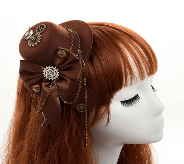 Mujeres accesorios de vestuario steampunk lolita niñas negras pequeñas mini top hombado peluñón de cabello rosa cadena de encaje floral mini fedora cebo v2601230