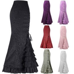 Femmes Steampunk Trompette Sirène Jupes Couches Long Gothique Brocart Floral Jacquard Criss-cross Laçage Fishtail Maxi Jupe Multicolors