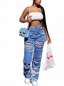 Femmes jambe droite déchiré Jeans Fi Flap Pocket Baggy Pantalon Vintage Street Hip-Hop Denim Pantalon Mujer 89rM #