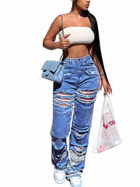 Mujeres Pierna recta Ripped Jeans Fi Flap Pocket Baggy Pants Vintage Street Hip-Hop Denim Pantalones Mujer 89rM #