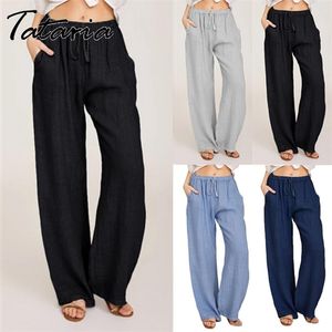 Femmes Pantalon droit solide coton lin décontracté jambe large Harajuku taille haute poche ample Pantalon Long Pantalon Femme 3XL 210514